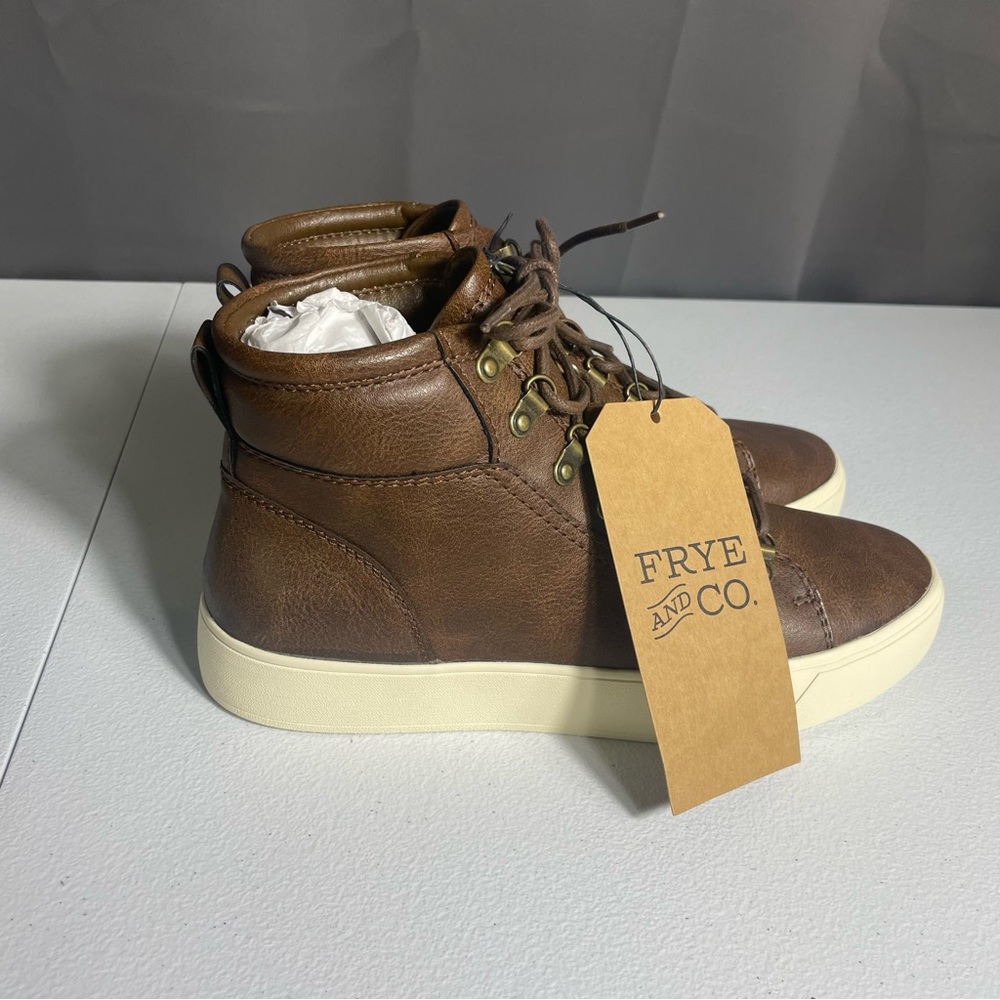 Frye and Co. Tan Suede Chukka Boots with White Rubber Sole and Brown Laces